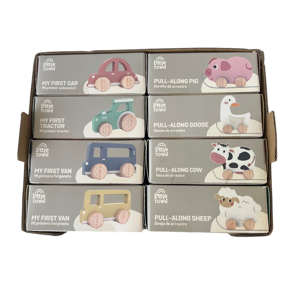 Little Town Wooden Baby Toy Lot 8 NIB Pull-Along Animals & Cars Aldi Montessori